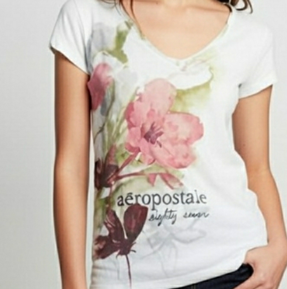 The Vintage Y2K Aeropostale Women's Watercolor Floral Graphic Plunge V-Neck Tee